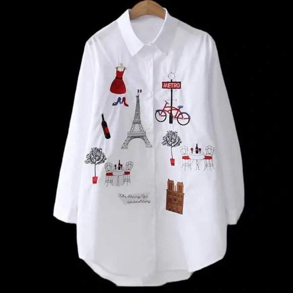 Embroidery Paris Cotton Button Down Top - Picture 2 of 7